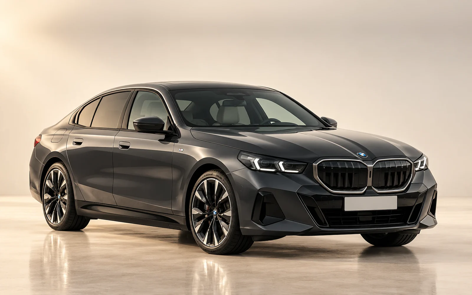 Charcoal BMW i5, front three-quarter view in a warm studio. Illustrative model reference, not a photograph of an H&R Executive Services vehicle.