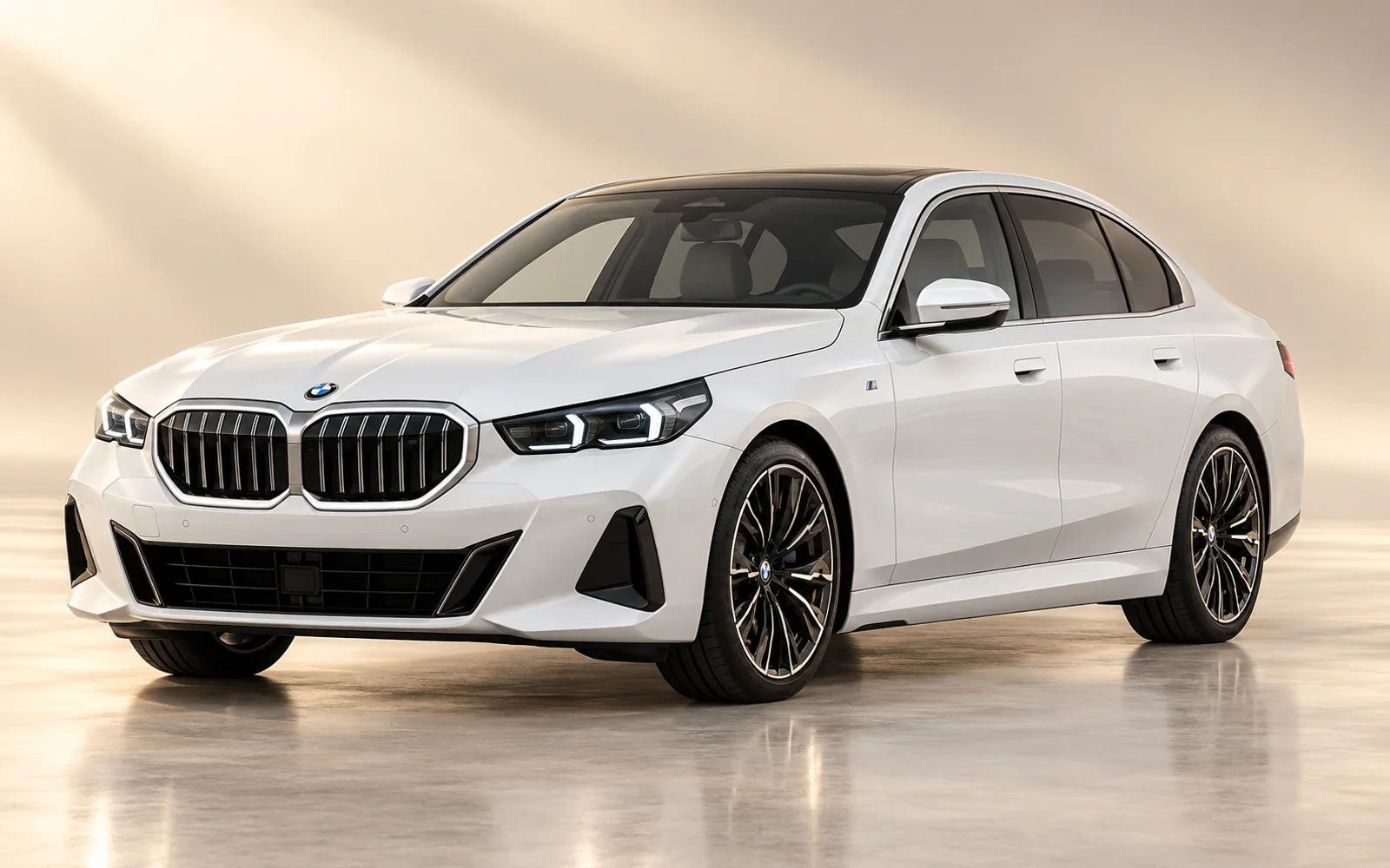 White BMW i5, front three-quarter view in a warm studio. Illustrative model reference, not a photograph of an H&R Executive Services vehicle.