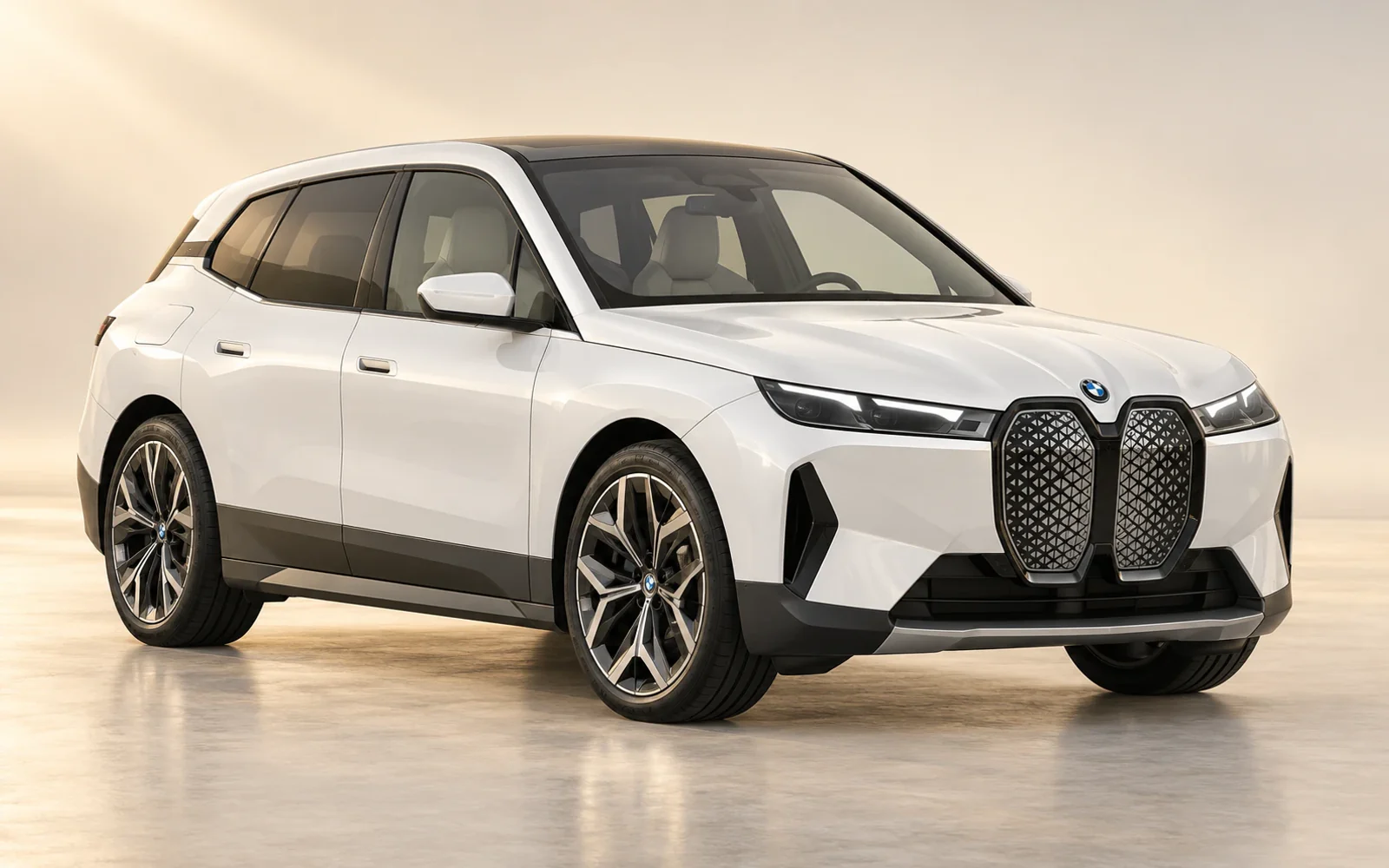 White BMW iX, front three-quarter view in a warm studio. Illustrative model reference, not a photograph of an H&R Executive Services vehicle.