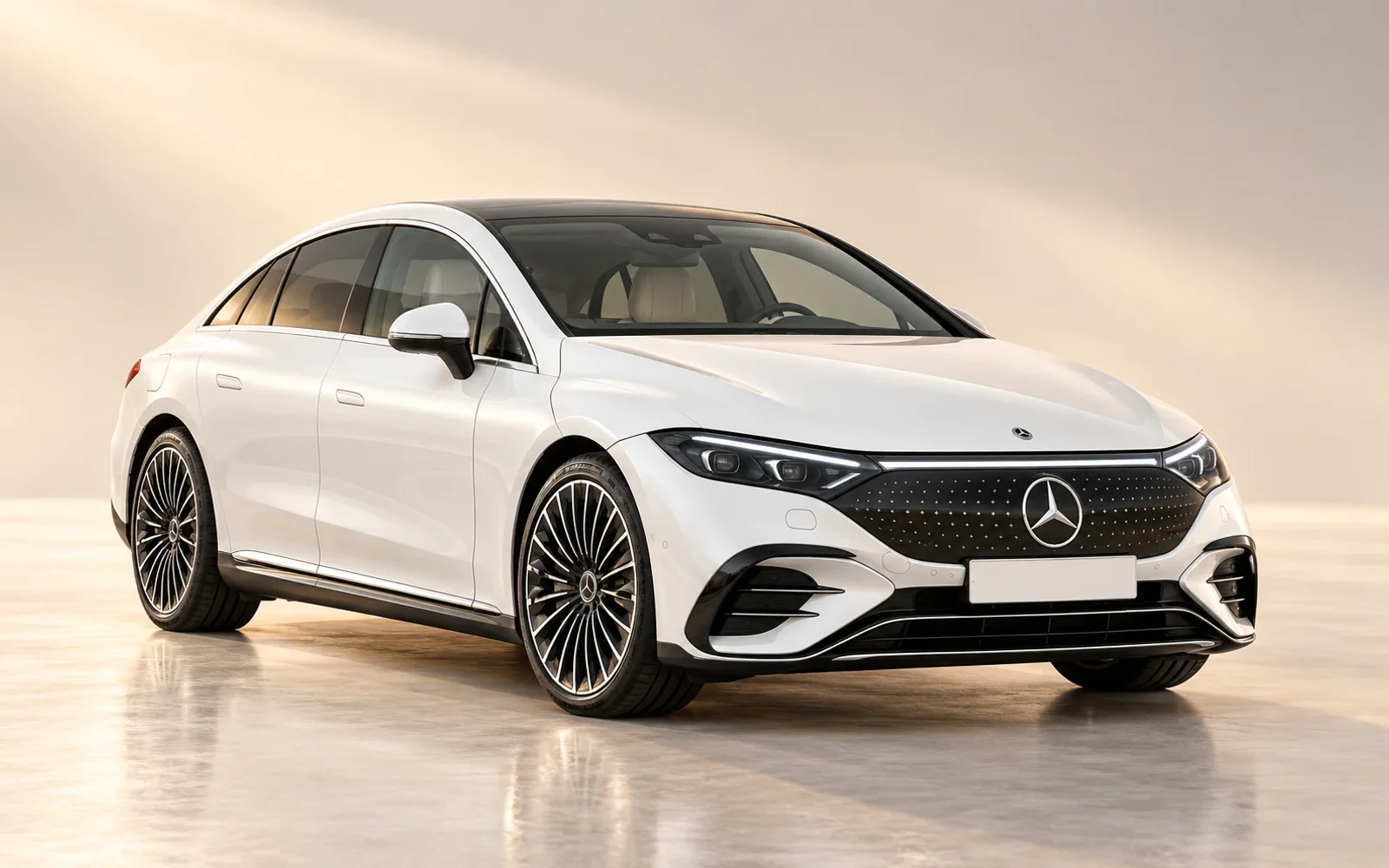 White Mercedes-Benz EQE saloon, front three-quarter view in a warm studio. Illustrative model reference, not a photograph of an H&R Executive Services vehicle.