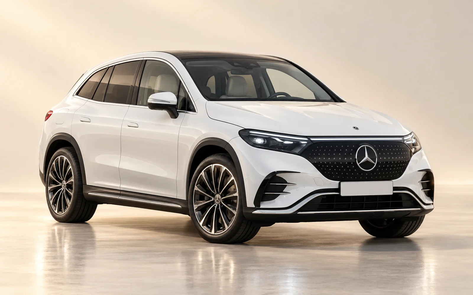 White Mercedes-Benz EQE SUV, front three-quarter view in a warm studio. Illustrative model reference, not a photograph of an H&R Executive Services vehicle.