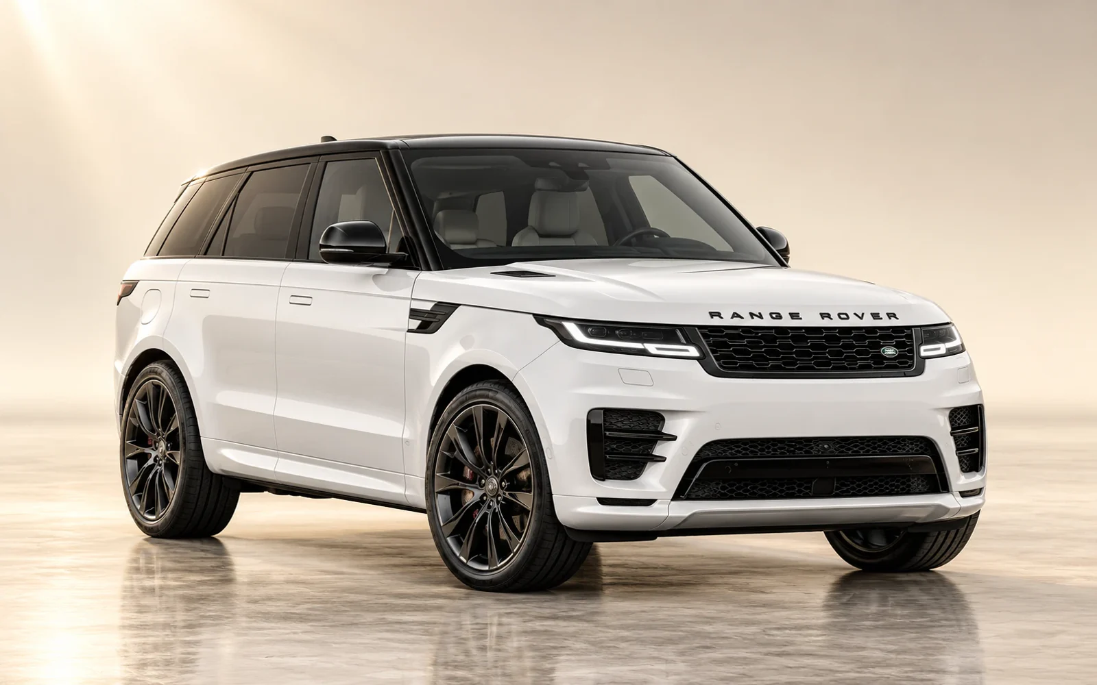 White Range Rover Sport, front three-quarter view in a warm studio. Illustrative model reference, not a photograph of an H&R Executive Services vehicle.